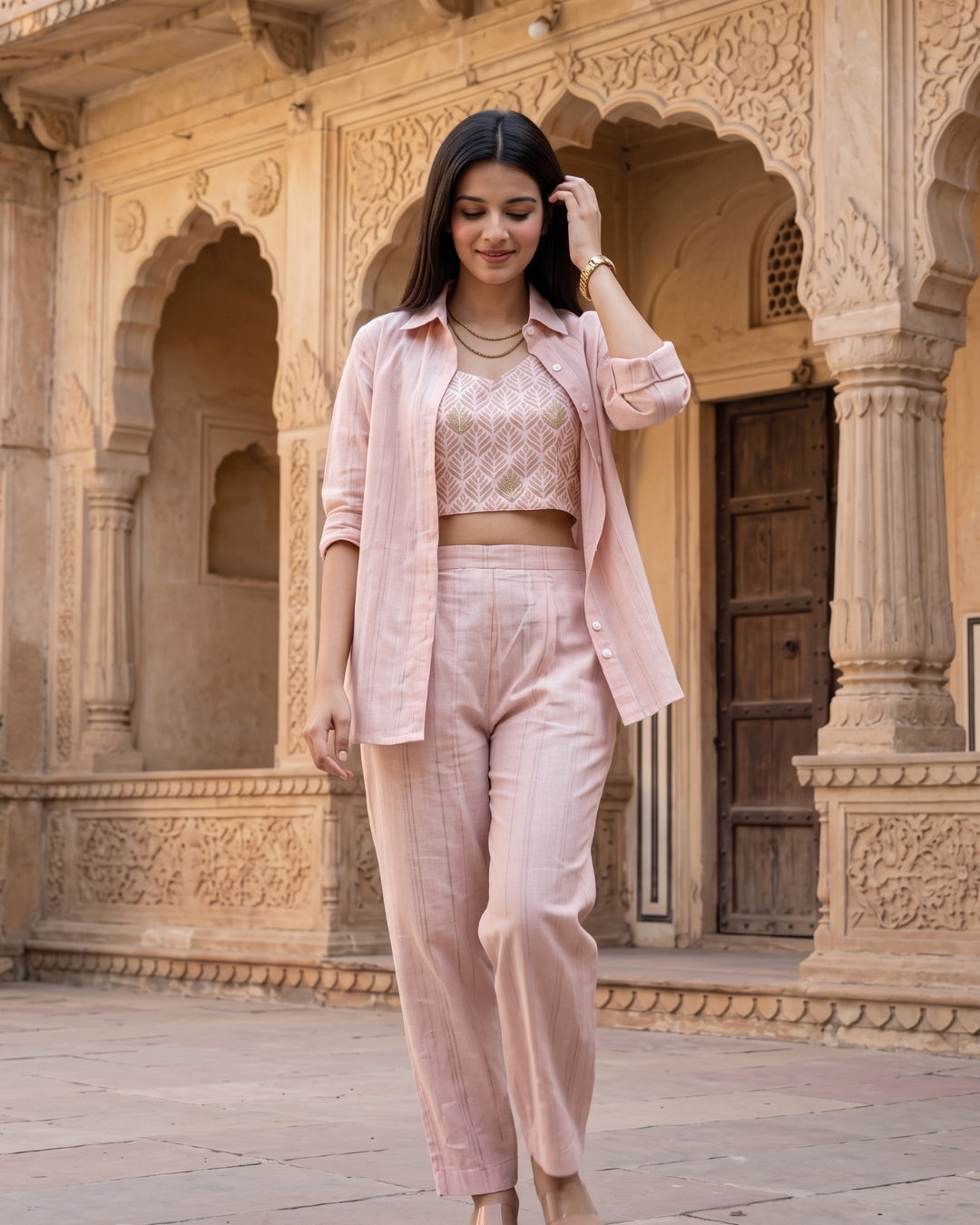 Nirvana - Blush Pink Leaf Print Three-Piece Co-Ord Set