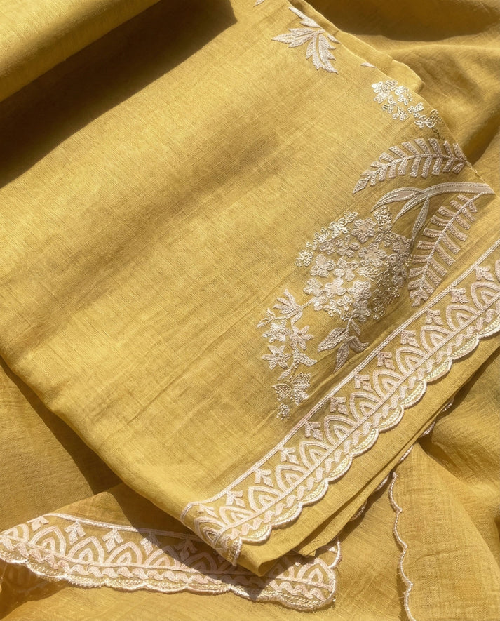 Riya - Pure Mul Cotton Mustard Yellow Unstitched Suit Set