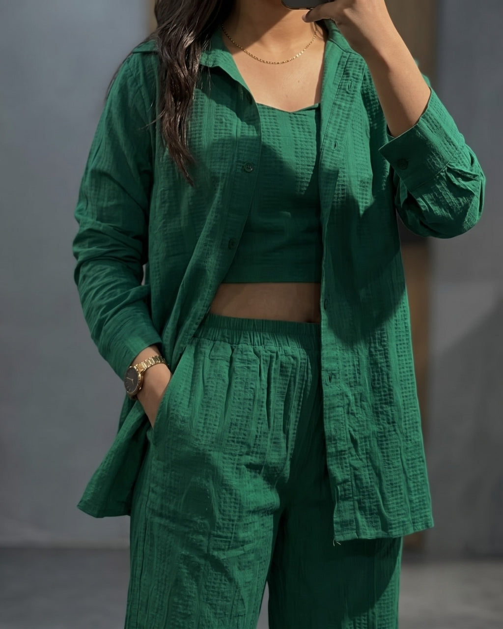 Orlina - Green Premium Textured Three Piece Co-Ord Set