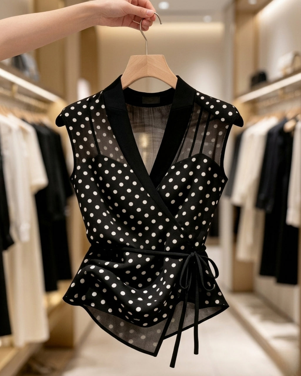 Alina - Black Polka Dot Sheer Wrap Peplum Top