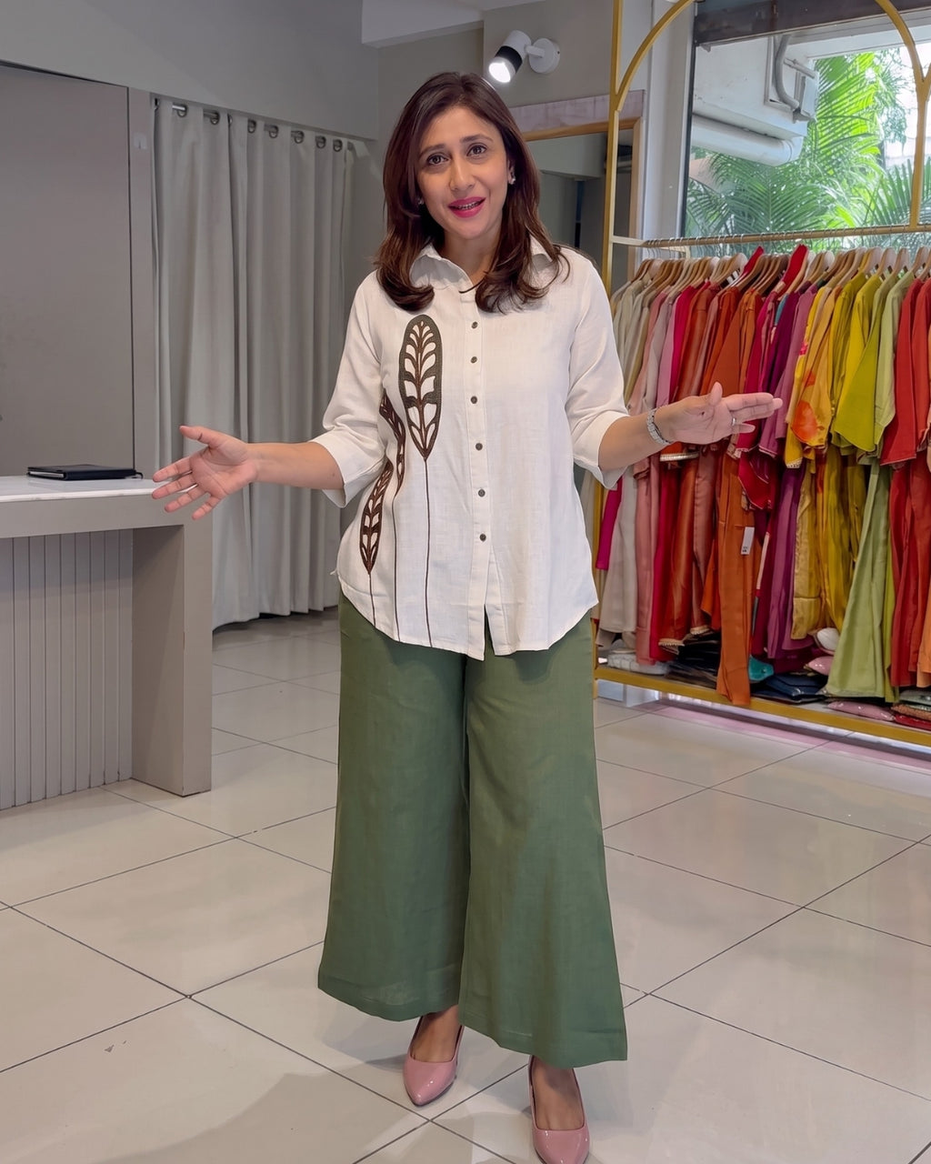 Kiara - White Botanical Embroidered Button Down Shirt