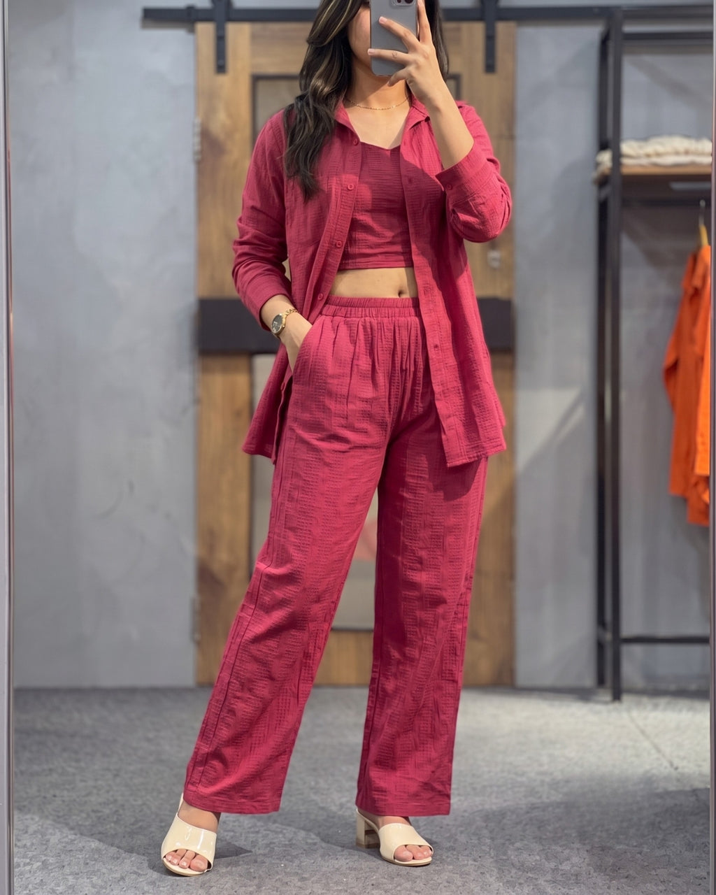 Orlina - Pink Premium Textured Three Piece Co-Ord Set