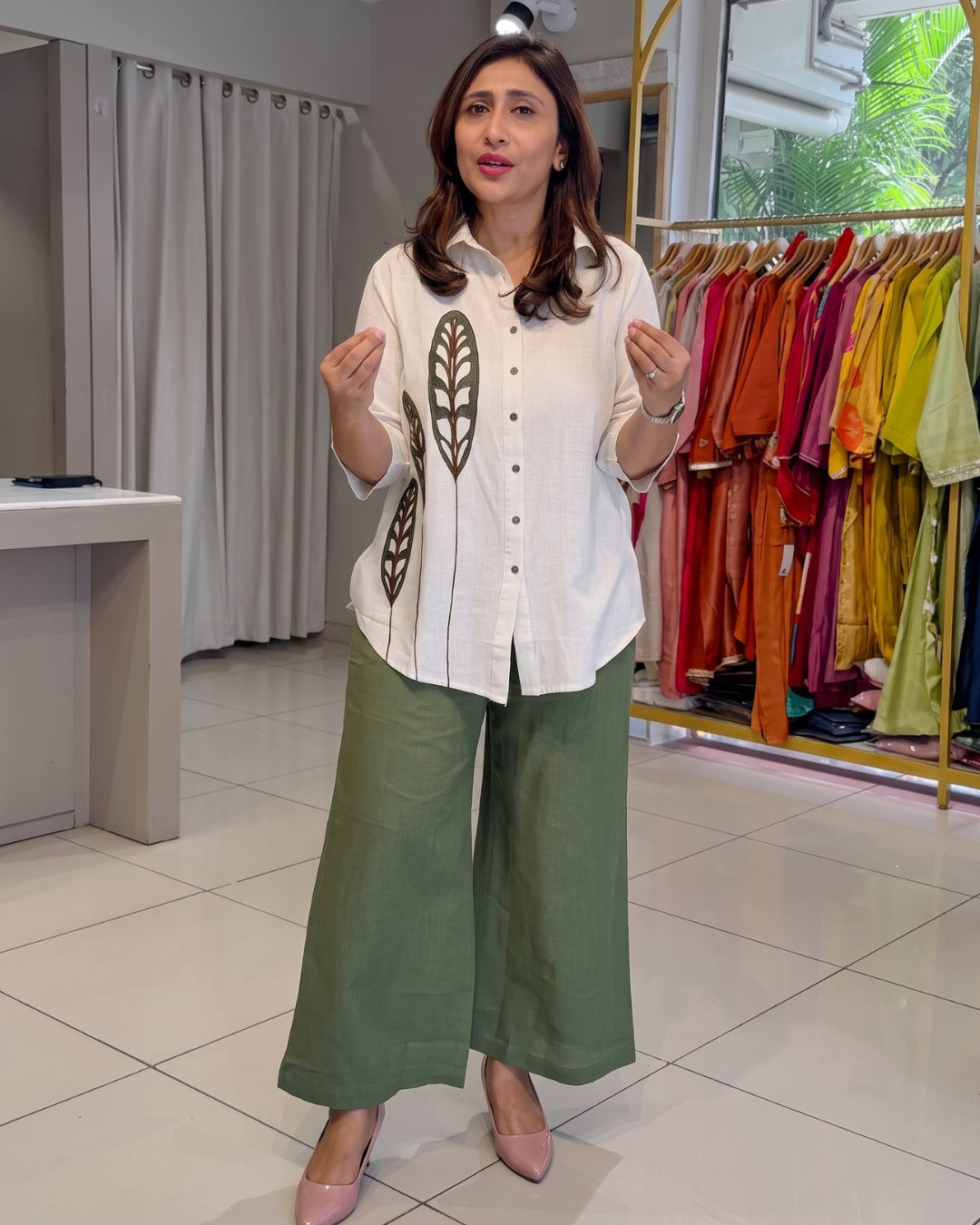 Kiara - White Botanical Embroidered Button Down Shirt