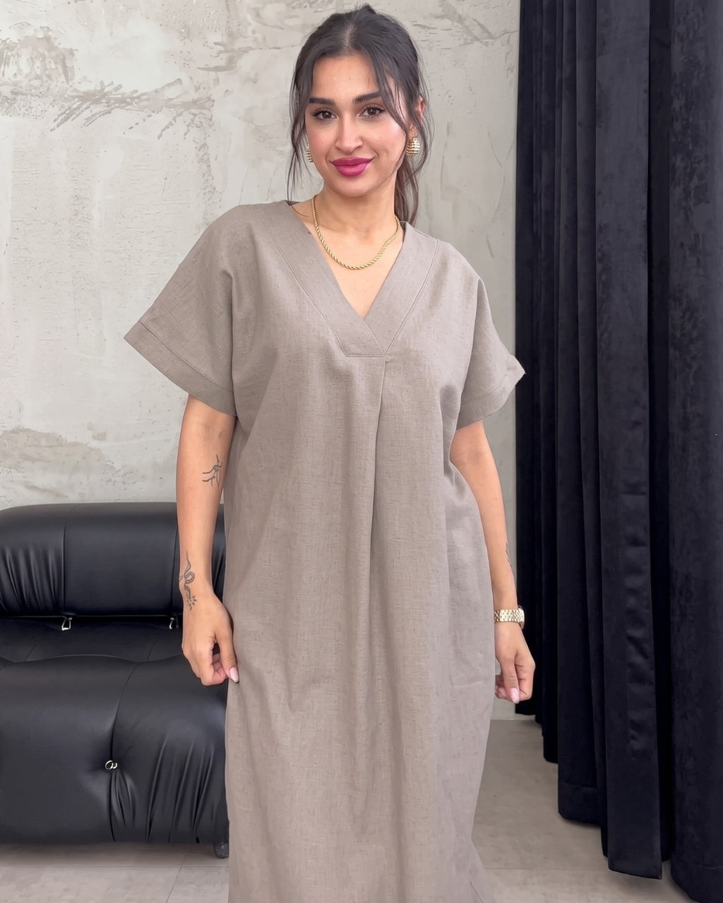 Kiana - Grey Premium Linen Relaxed V-Neck Midi Dress