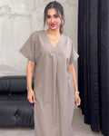 Kiana - Grey Premium Linen Relaxed V-Neck Midi Dress