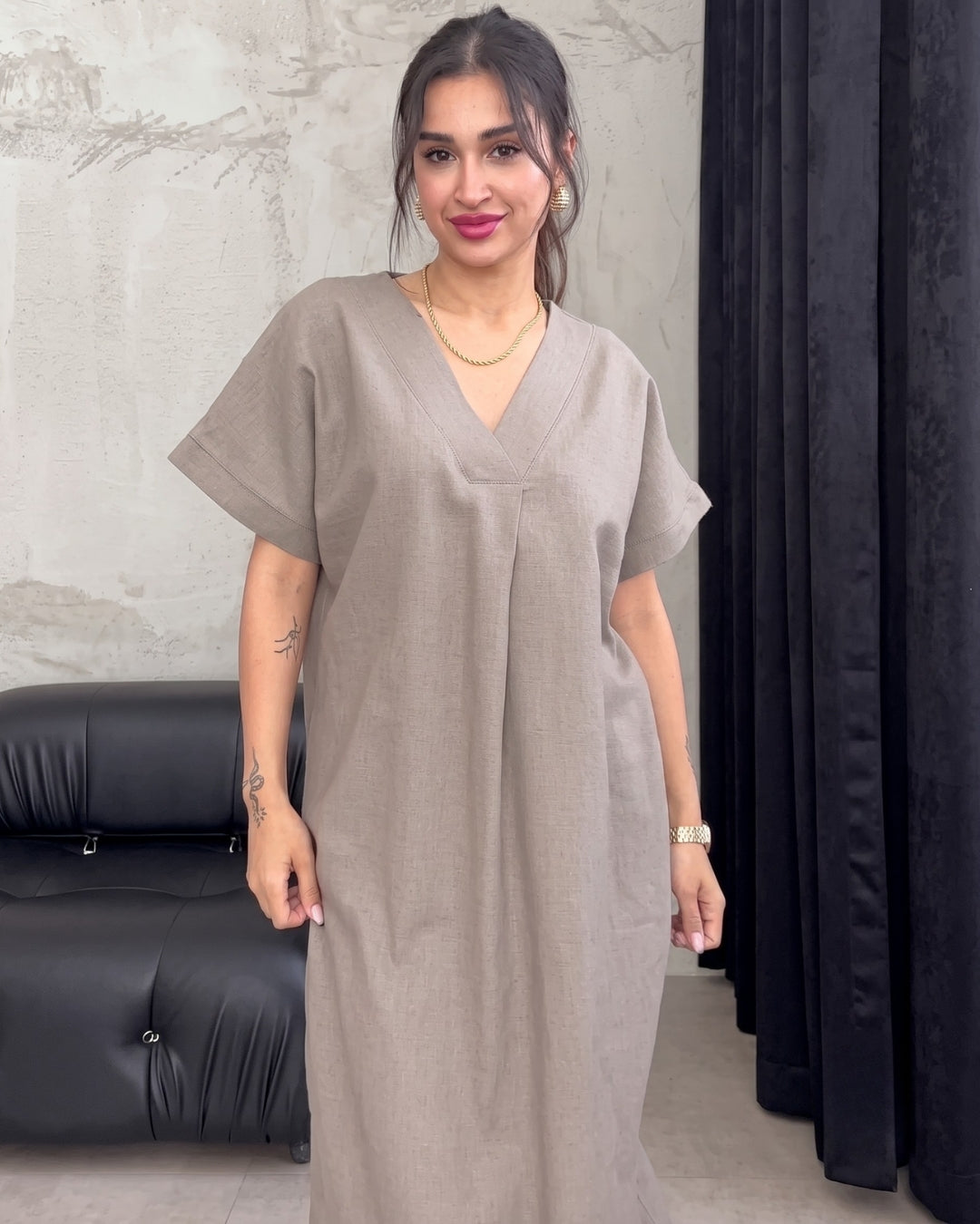 Kiana - Grey Premium Linen Relaxed V-Neck Midi Dress