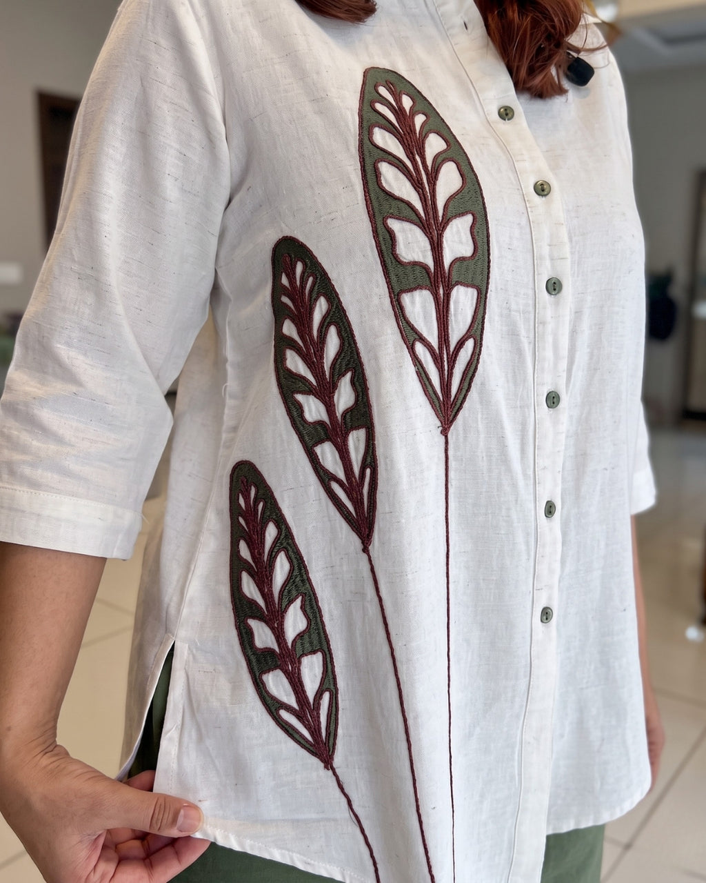 Kiara - White Botanical Embroidered Button Down Shirt
