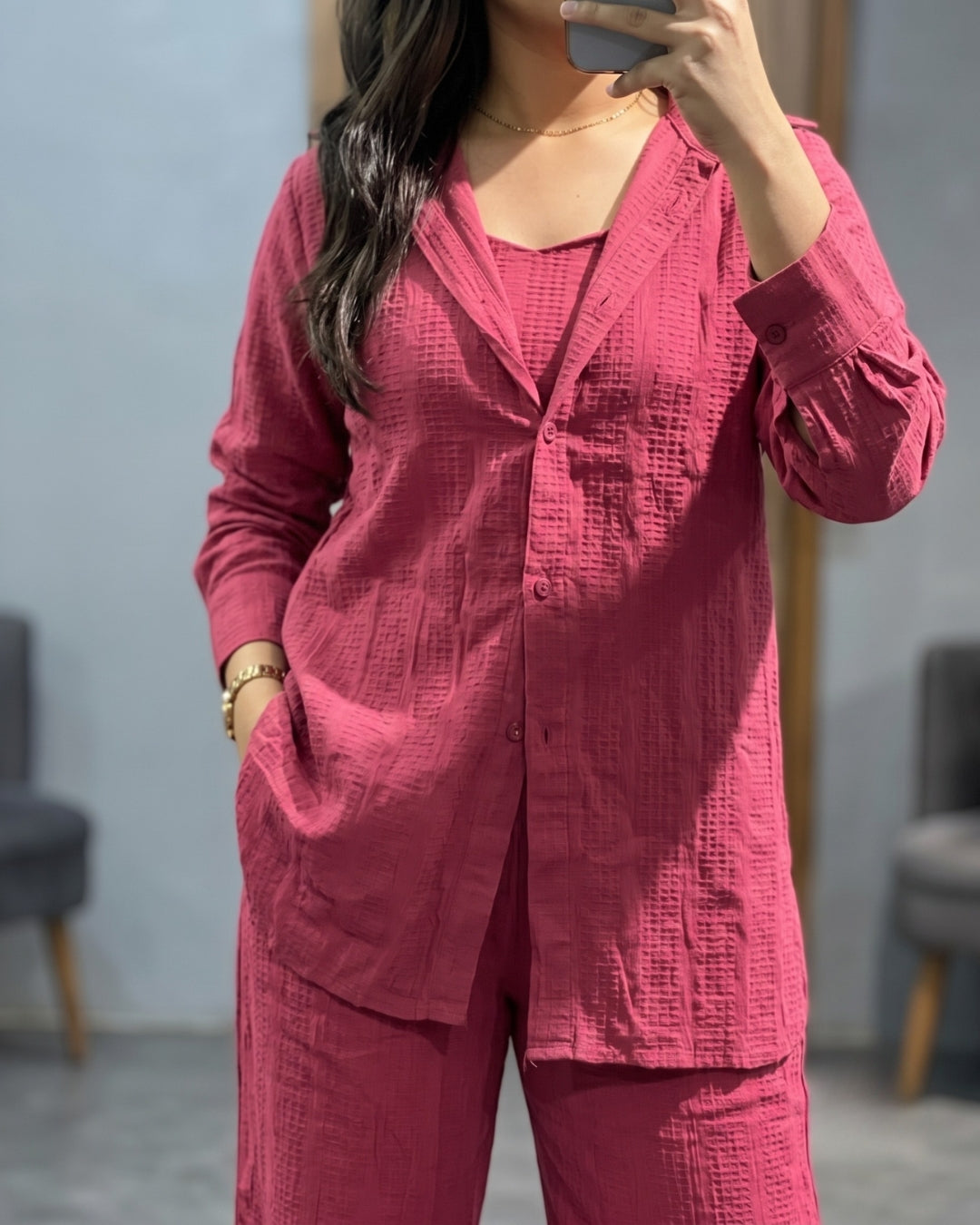 Orlina - Pink Premium Textured Three Piece Co-Ord Set