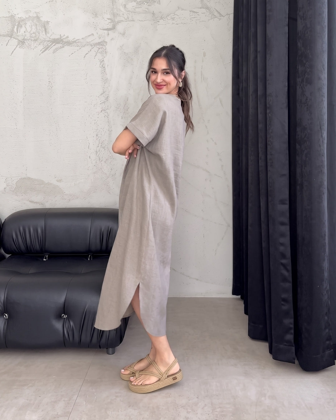 Kiana - Grey Premium Linen Relaxed V-Neck Midi Dress
