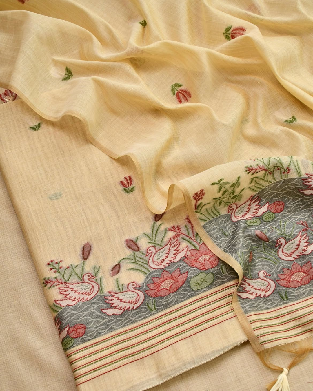 Kayra - Yellow Floral Swan Printed Traditional Suit Set