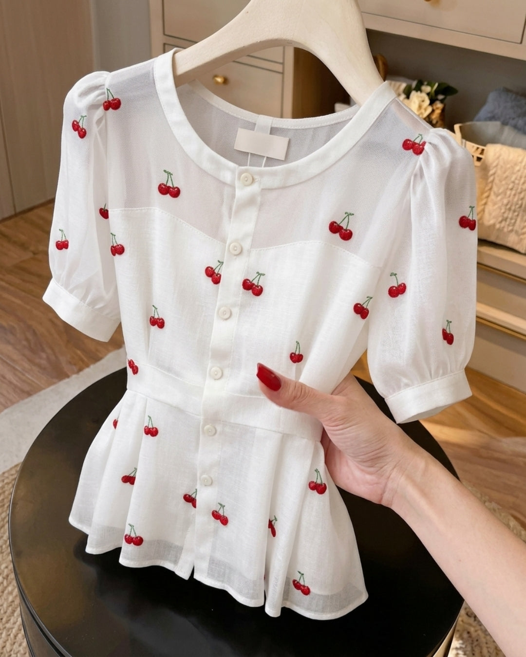 Nira - White Cherry Print Puff Sleeve Top
