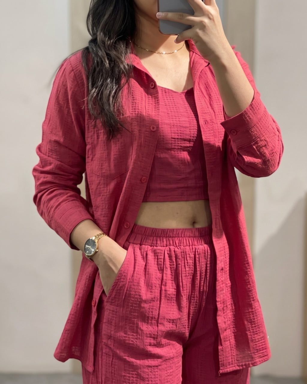 Orlina - Pink Premium Textured Three Piece Co-Ord Set