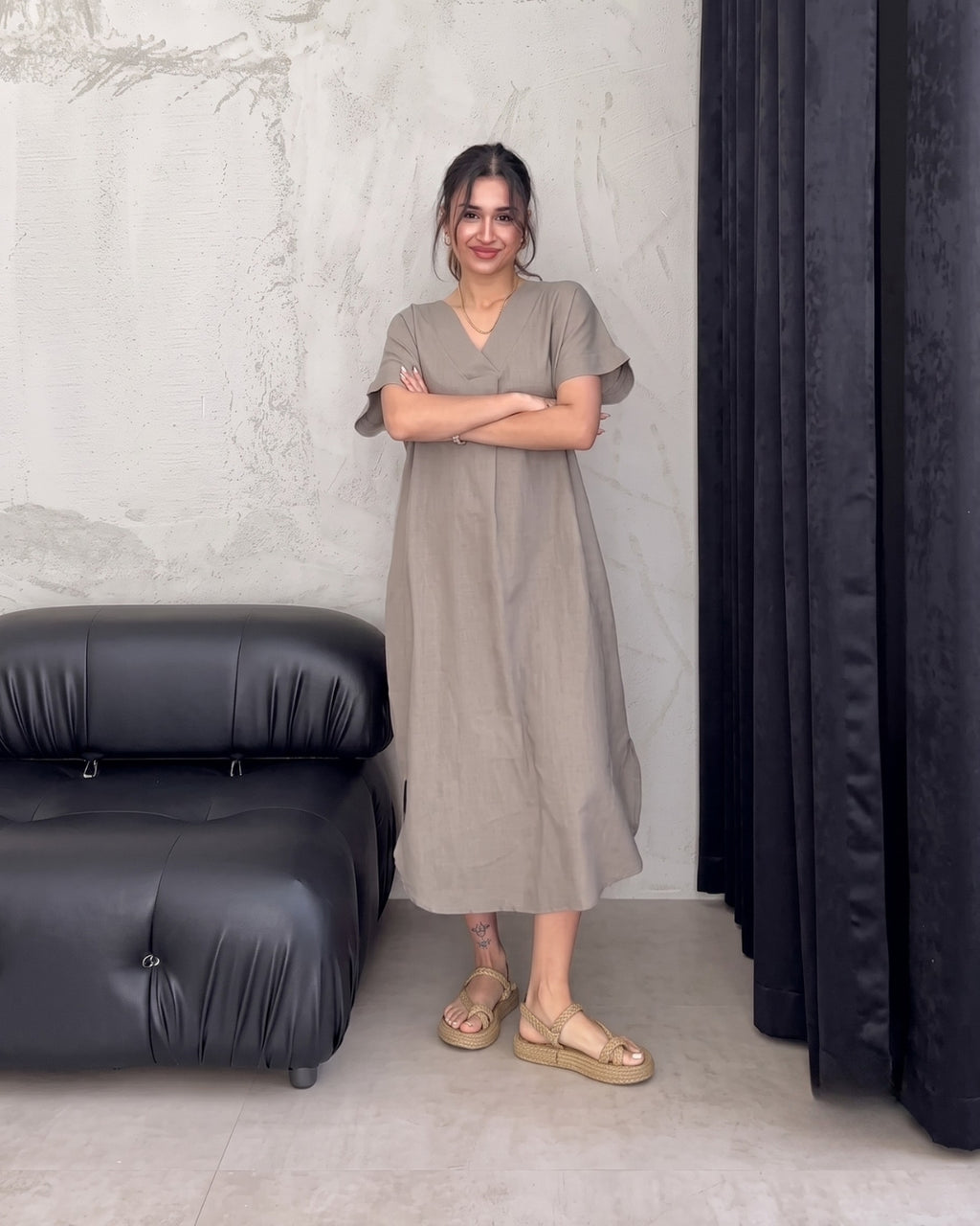 Kiana - Grey Premium Linen Relaxed V-Neck Midi Dress
