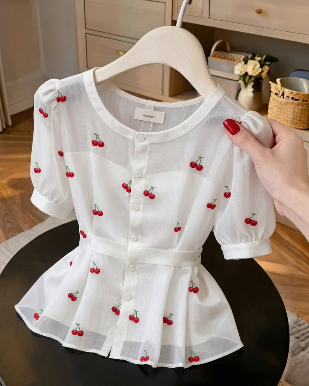 Nira - White Cherry Print Puff Sleeve Top