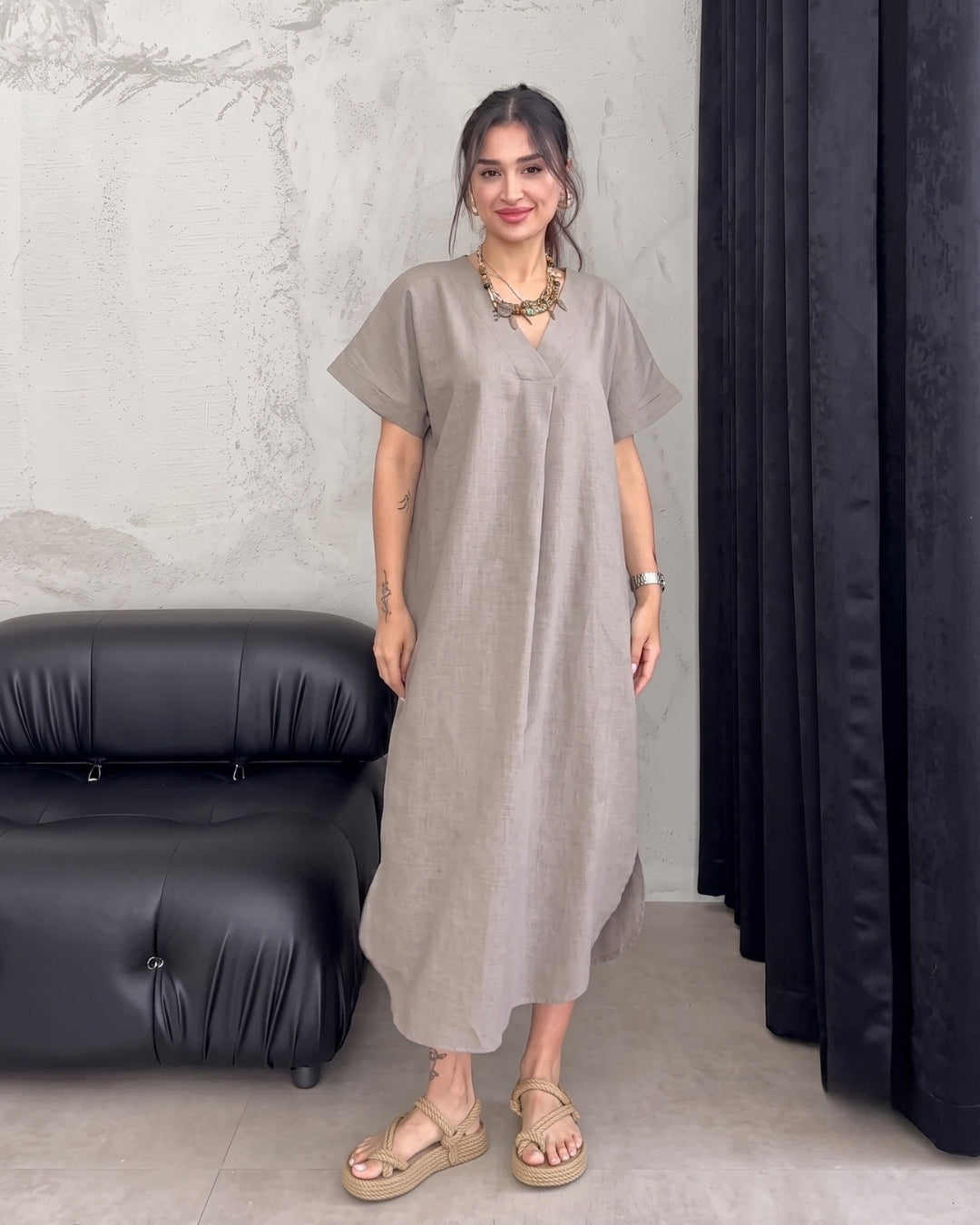 Kiana - Grey Premium Linen Relaxed V-Neck Midi Dress