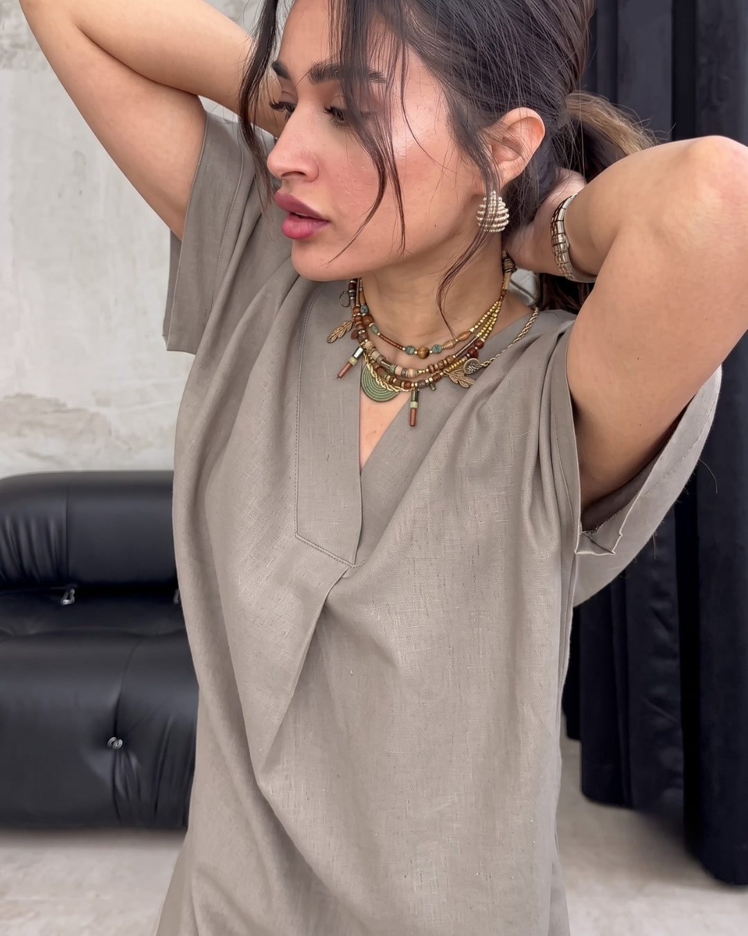 Kiana - Grey Premium Linen Relaxed V-Neck Midi Dress