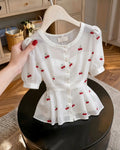 Nira - White Cherry Print Puff Sleeve Top