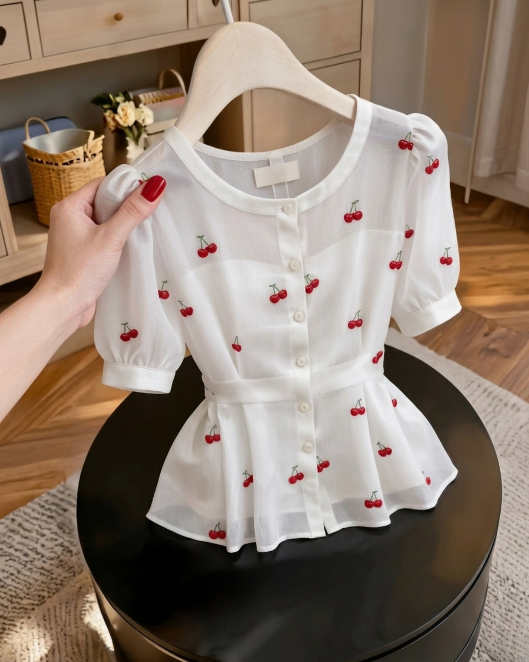 Nira - White Cherry Print Puff Sleeve Top