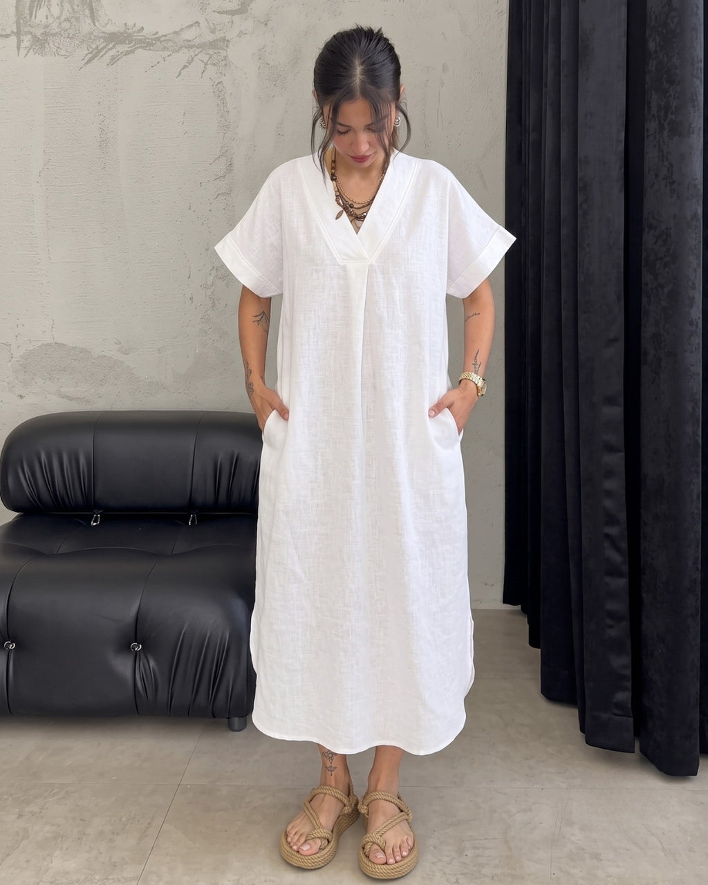 Kiana - White Premium Linen Relaxed V-Neck Midi Dress