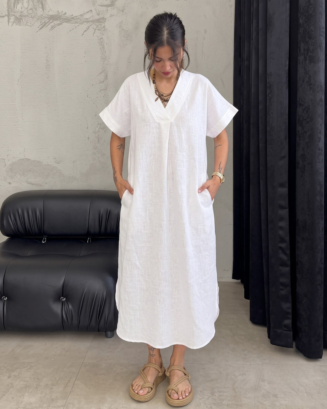 Kiana - White Premium Linen Relaxed V-Neck Midi Dress