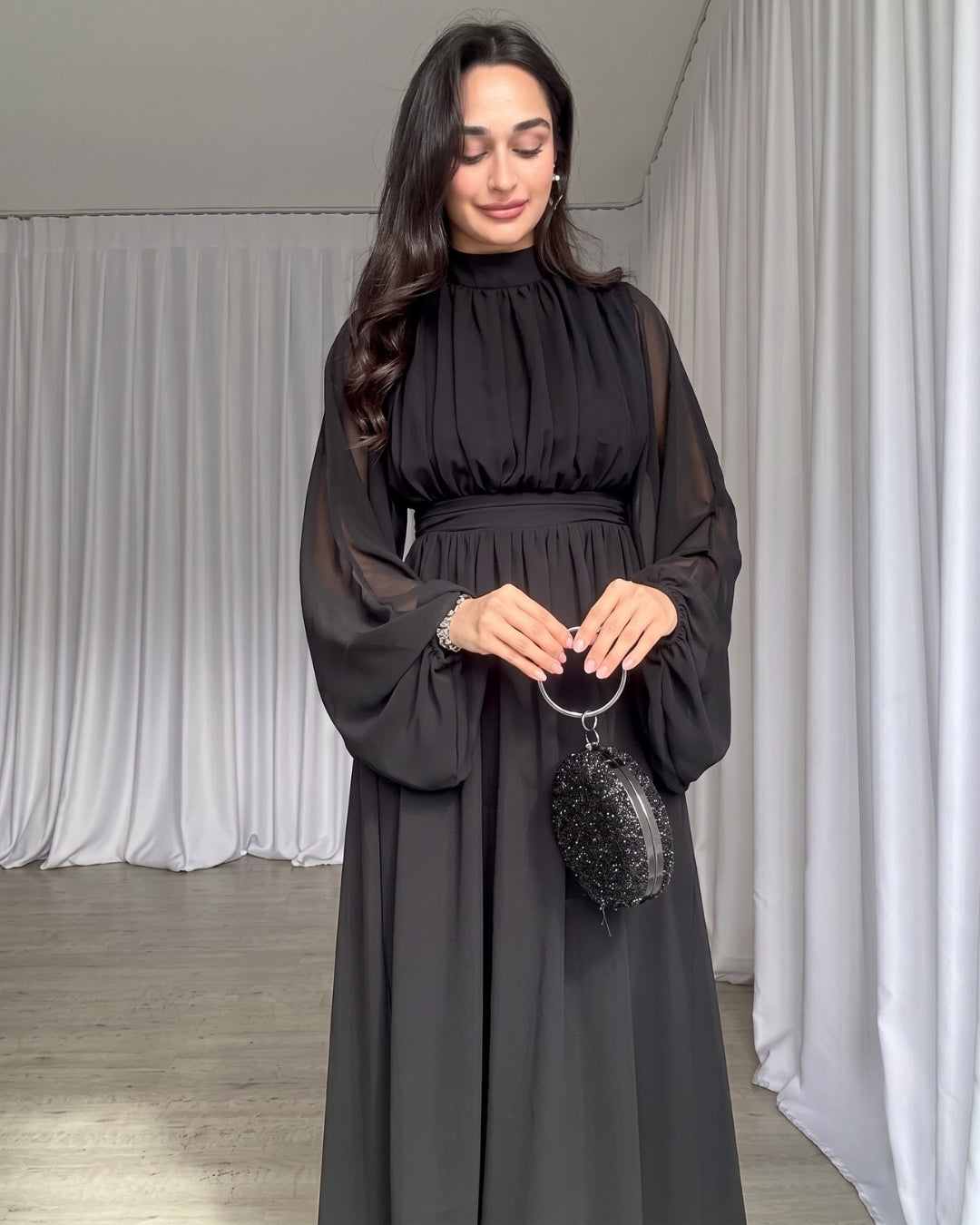Krina - Elegant Black Chiffon Bishop Sleeve Dress