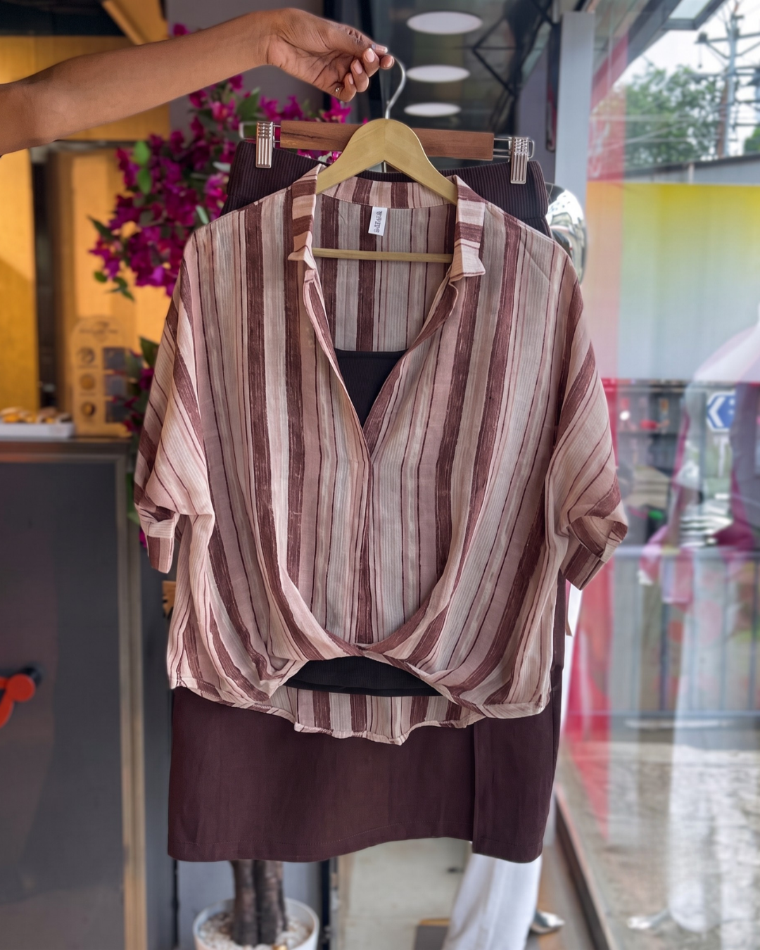 Siya - Brown Striped Shirt Midi Skirt Co-ord