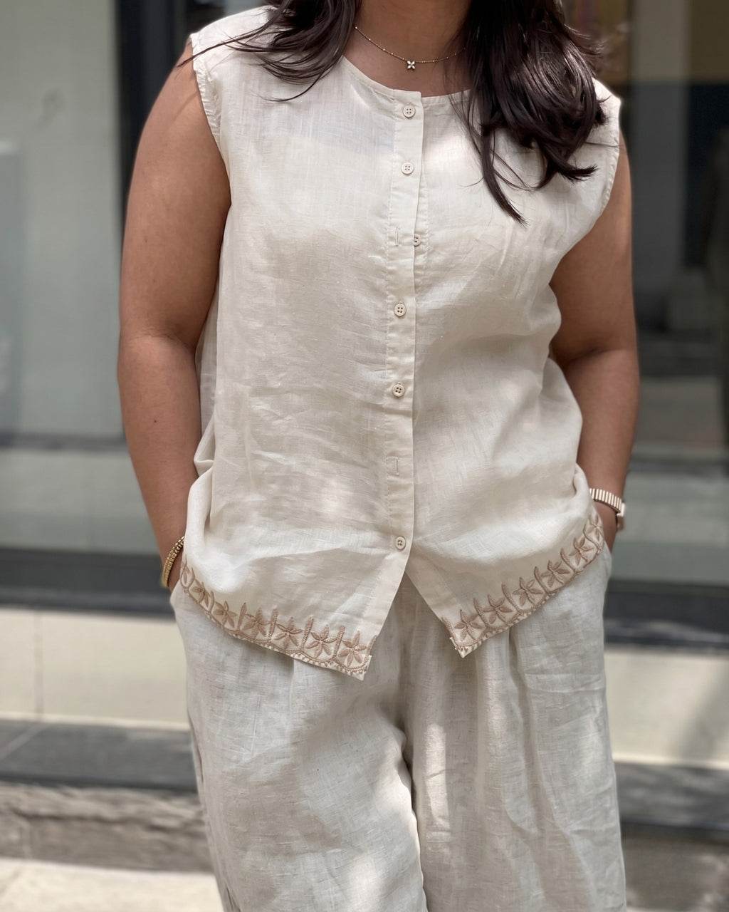 Kriya - Ivory Embroidered Linen Co Ord Set