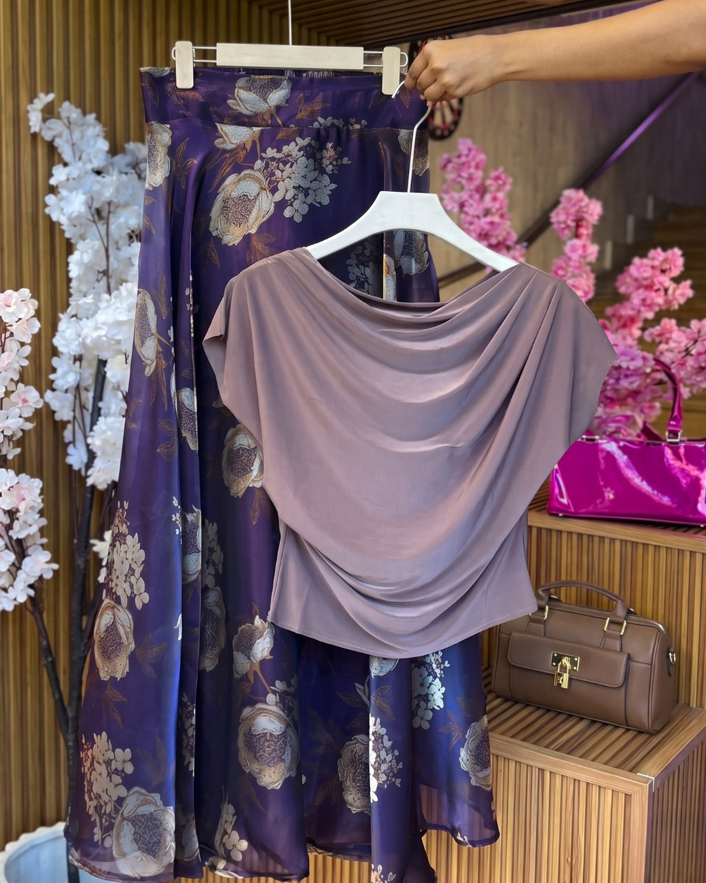 Zevora - Floral Draped Purple Printed Skirt Co-ord Set