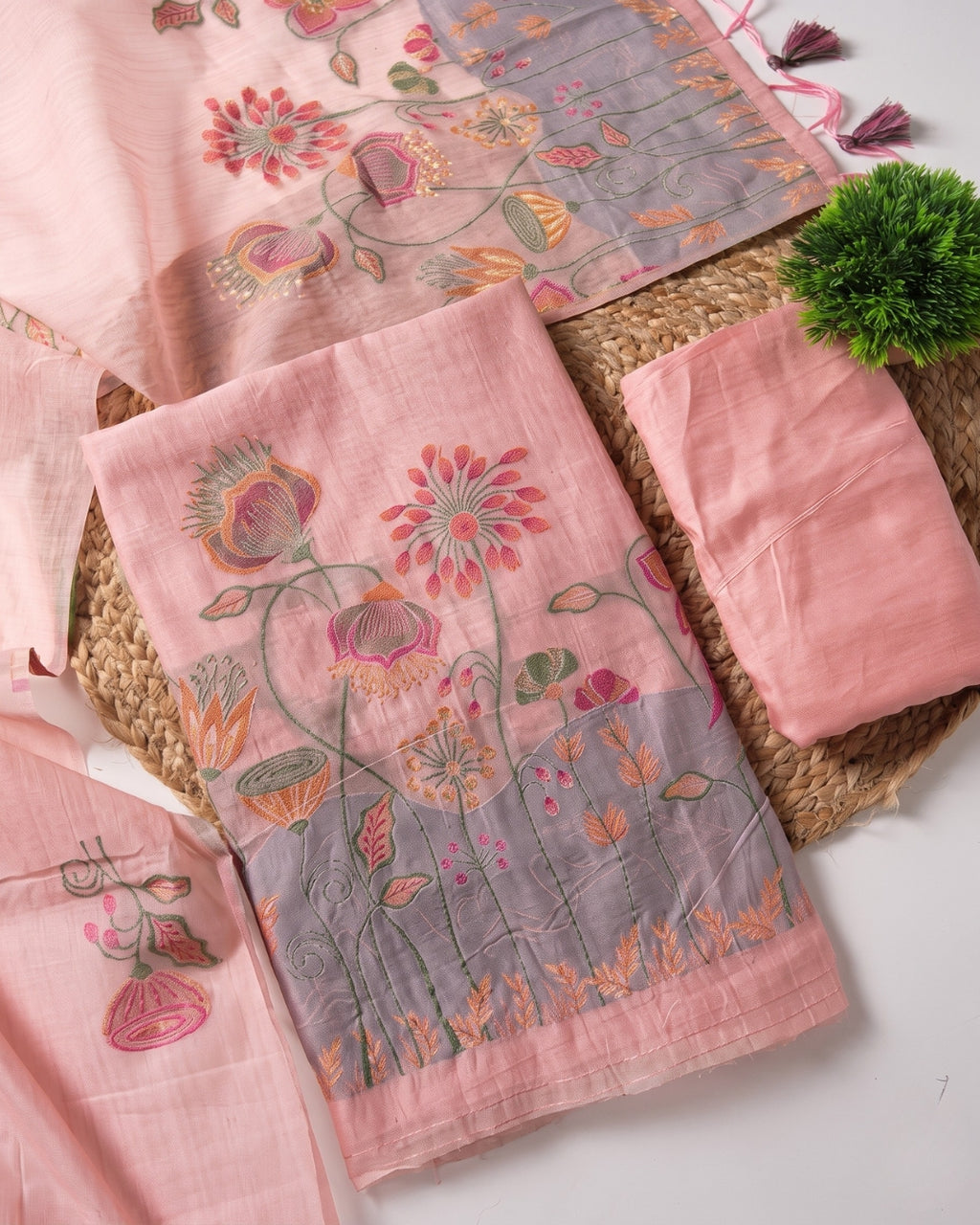 Viya - Blush Pink Floral Embroidered Unstitched Suit Set