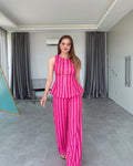 Maysha - Fuchsia Striped Peplum Wide Leg Trousers Set