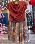 Sanitya - Rust Cowl Neck Floral Flare Skirt Set