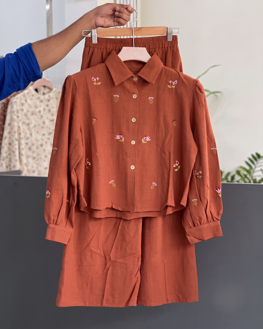 Shriva - Rust Floral Embroidered Shirt Shorts Co-Ord Set