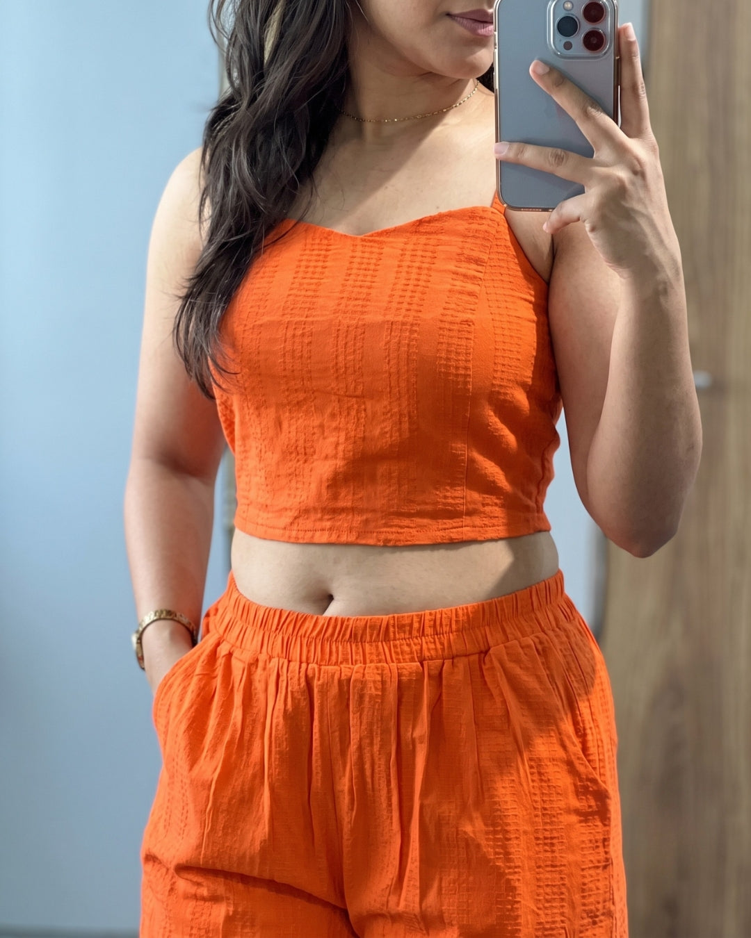Orlina - Orange Premium Textured Three Piece Co-Ord Set