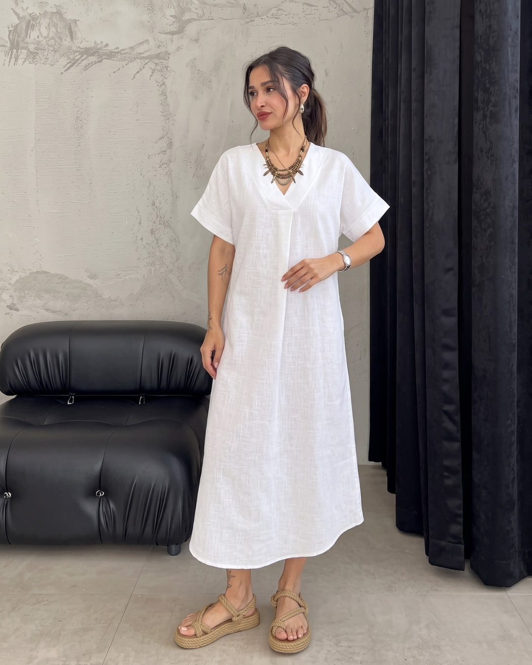 Kiana - White Premium Linen Relaxed V-Neck Midi Dress