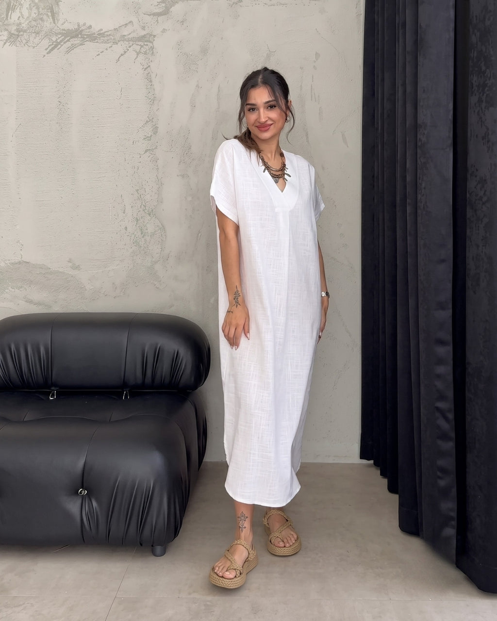 Kiana - White Premium Linen Relaxed V-Neck Midi Dress
