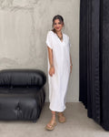Kiana - White Premium Linen Relaxed V-Neck Midi Dress