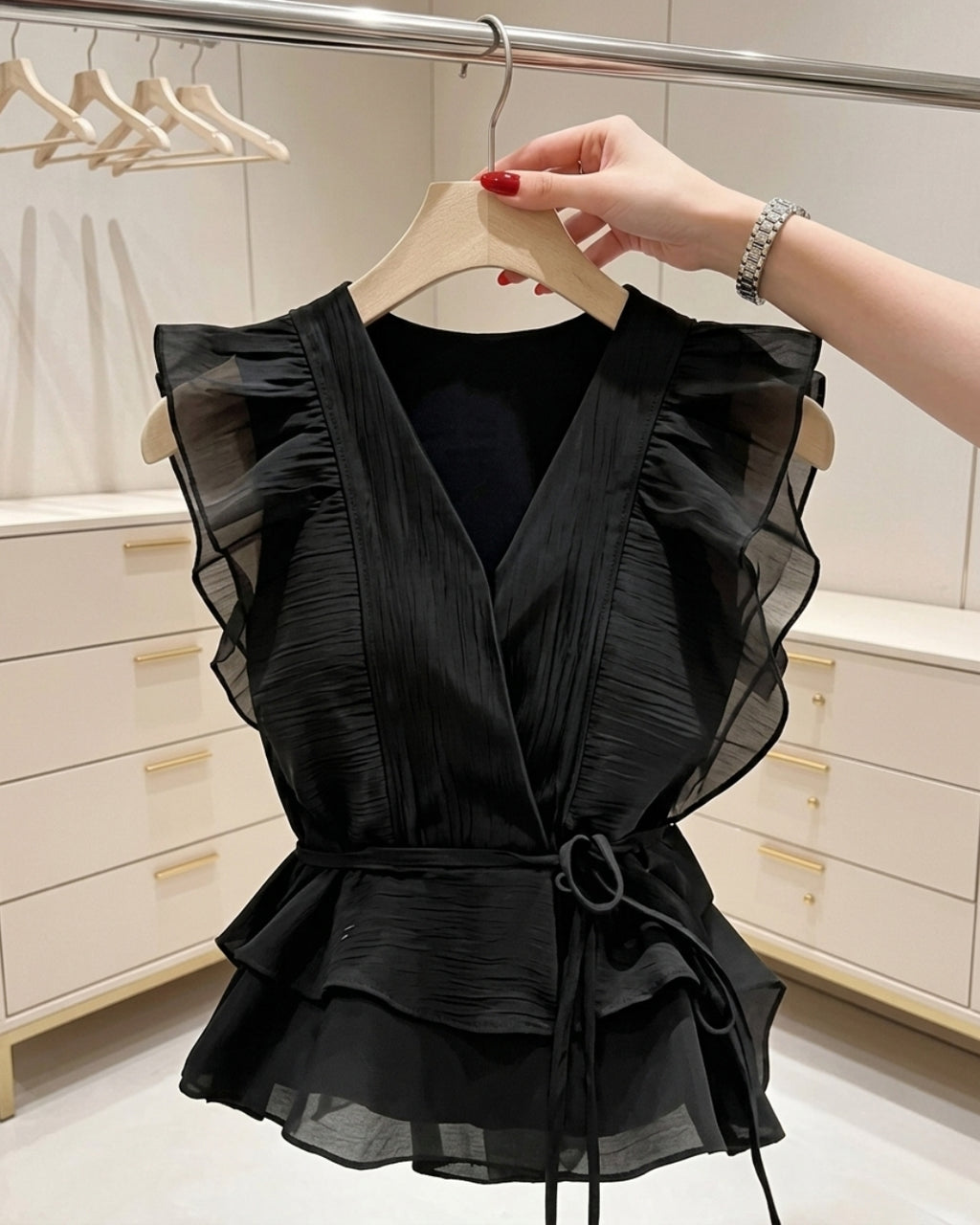 Nayra - Black Pleated Wrap Sheer Ruffle Peplum Top