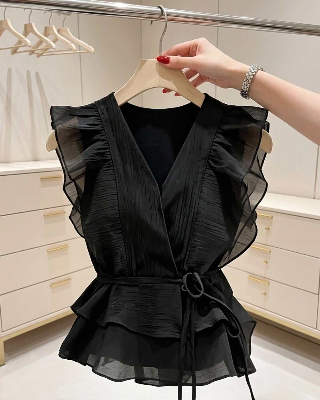 Nayra - Black Pleated Wrap Sheer Ruffle Peplum Top