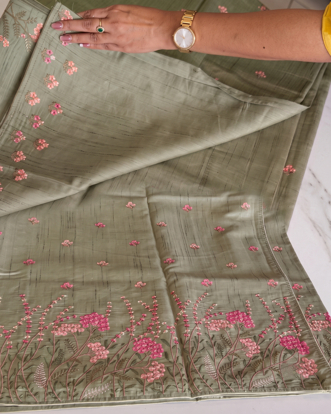 Saniya - Olive Green Floral Embroidered Cotton Suit Set