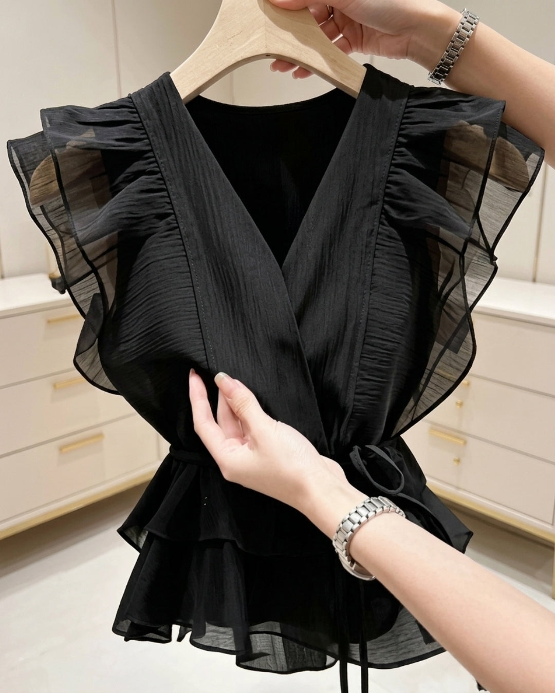 Nayra - Black Pleated Wrap Sheer Ruffle Peplum Top