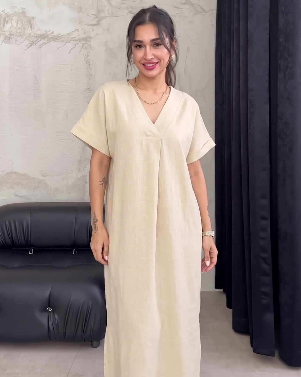 Kiana - Cream Premium Linen Relaxed V-Neck Midi Dress