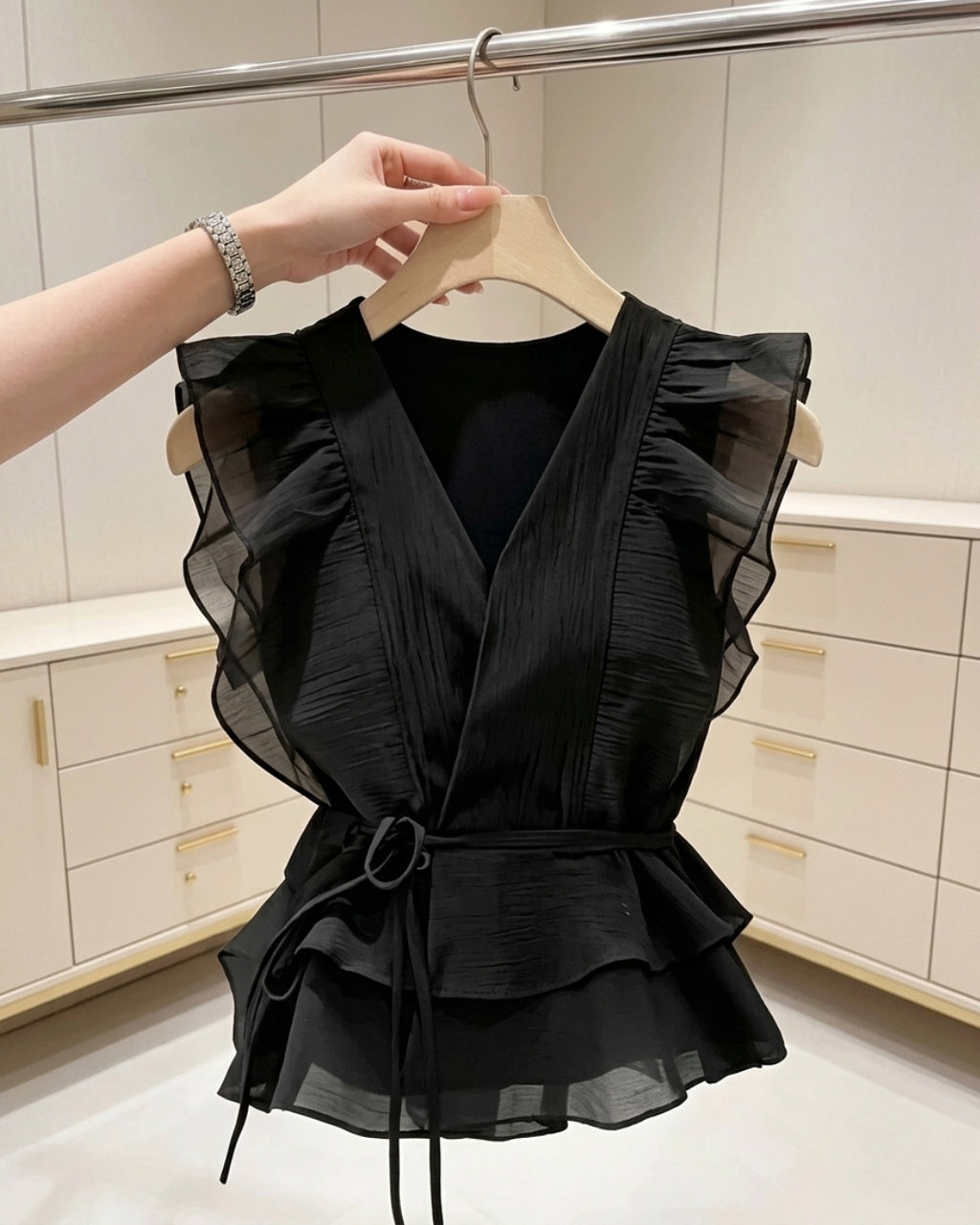 Nayra - Black Pleated Wrap Sheer Ruffle Peplum Top