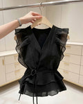 Nayra - Black Pleated Wrap Sheer Ruffle Peplum Top