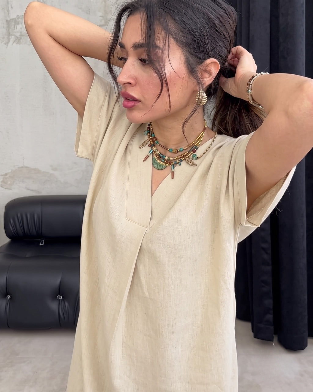 Kiana - Cream Premium Linen Relaxed V-Neck Midi Dress