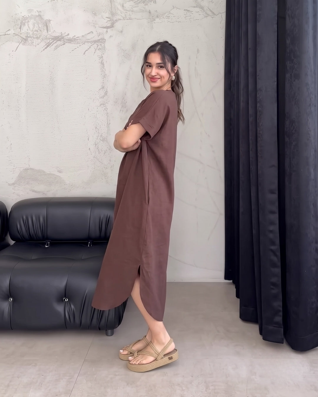 Kiana - Brown Premium Linen Relaxed V-Neck Midi Dress