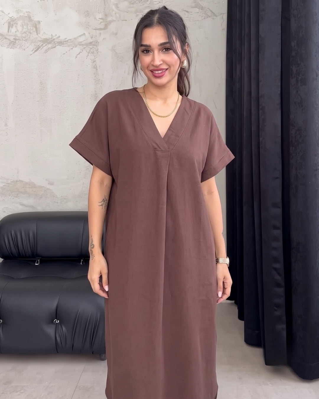 Kiana - Brown Premium Linen Relaxed V-Neck Midi Dress
