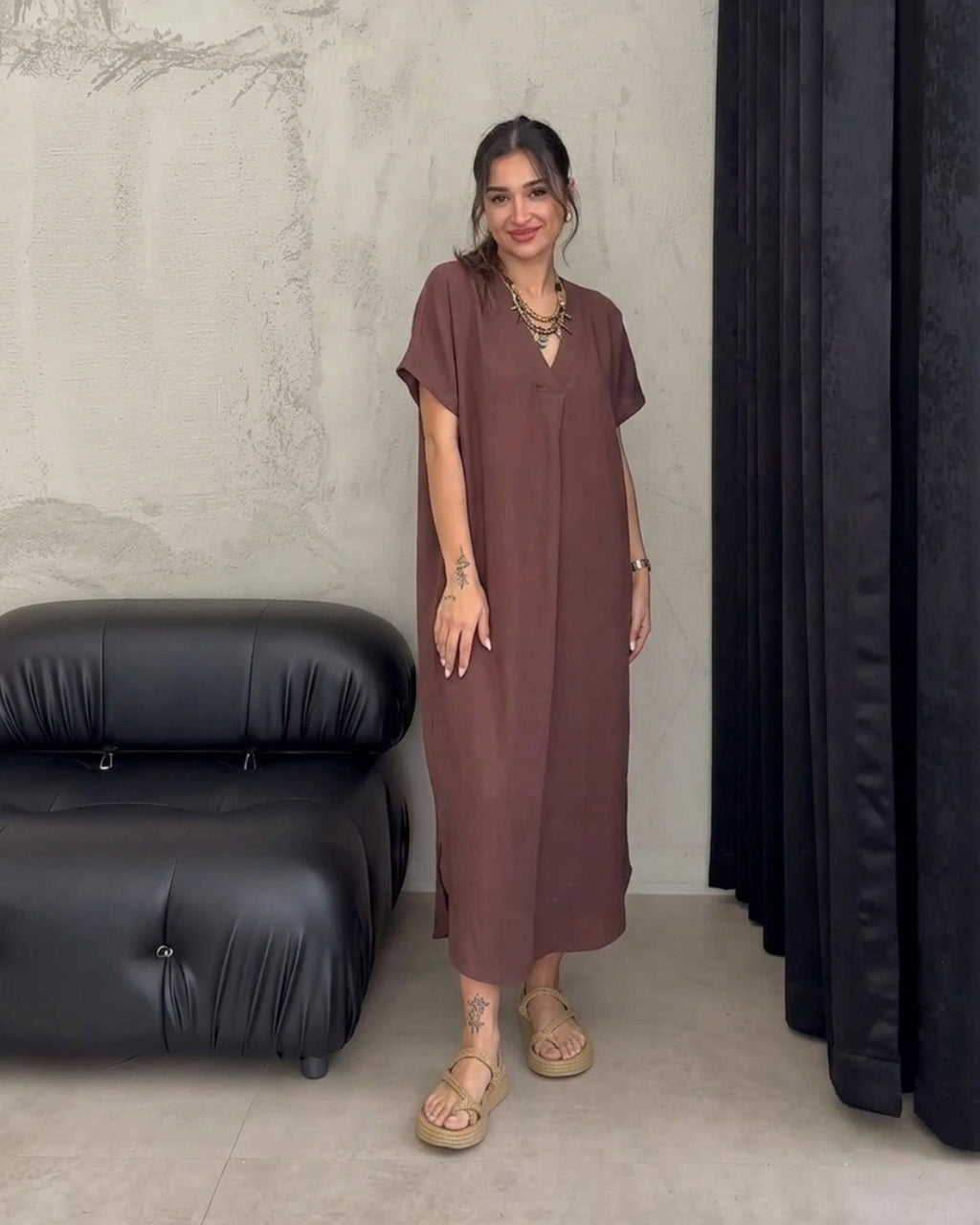 Kiana - Brown Premium Linen Relaxed V-Neck Midi Dress