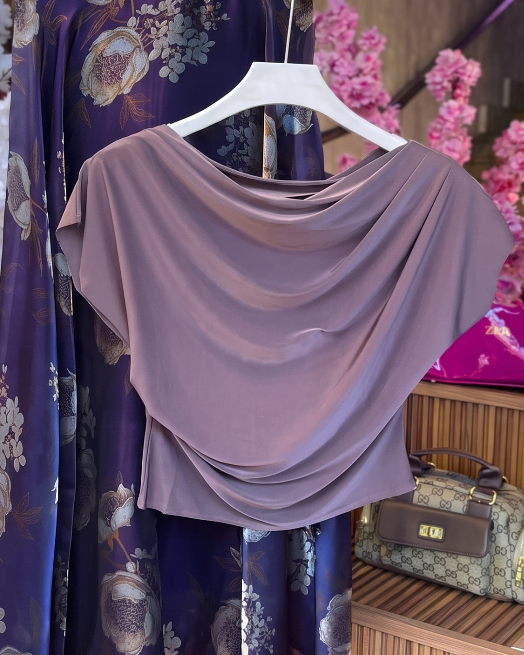 Zevora - Floral Draped Purple Printed Skirt Co-ord Set