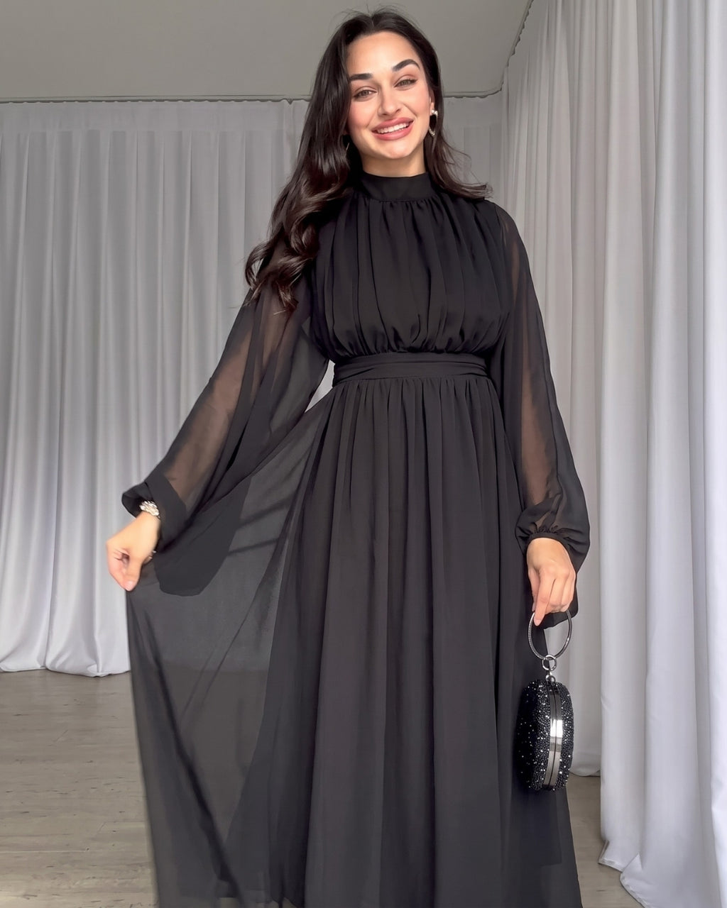 Krina - Elegant Black Chiffon Bishop Sleeve Dress
