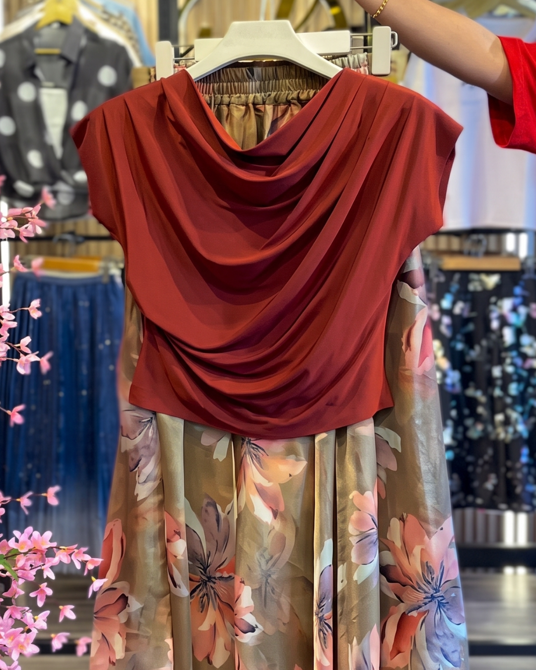 Sanitya - Rust Cowl Neck Floral Flare Skirt Set